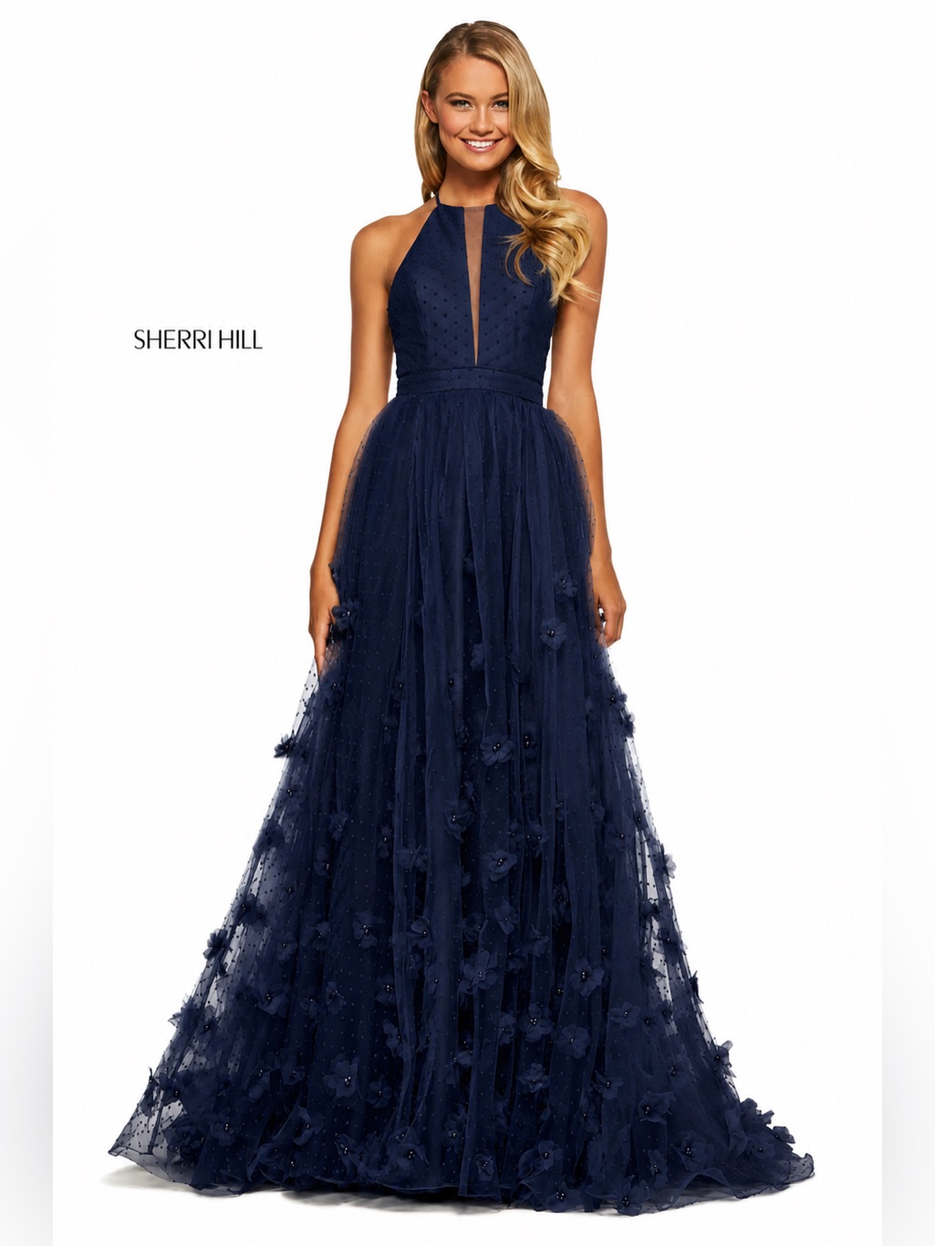 Sherri Hill Navy Halter Keyhole Tulle Ball Gown With Floral Appliqu